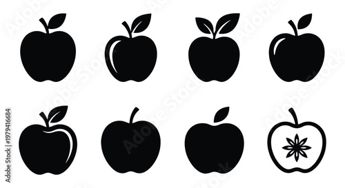 Black apple icon set with 8 vector elements, minimalist fruit silhouettes for healthy food branding, organic apple symbols for grocery and diet apps
