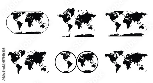 World map vector set, black earth silhouettes, 6 global map icons