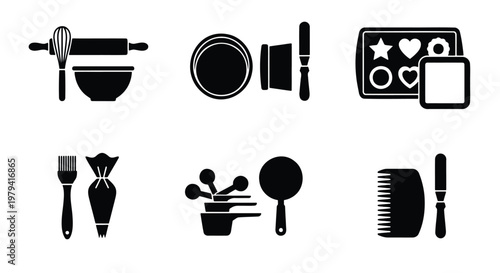 Baking tools icon set, black kitchen utensils for pastry and cake preparation, professional bakery equipment vector illustrations on white background