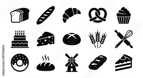 Bakery icon set with 15 black vector elements, bread and pastry symbols for cafe menus, minimalist bakery shop graphics on white background