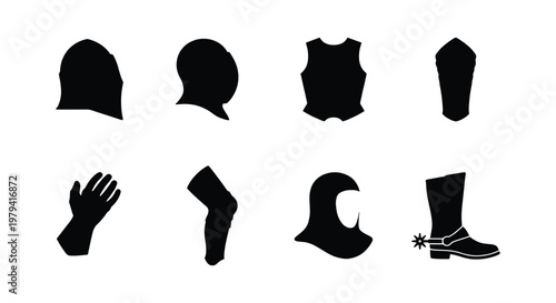 Medieval knight armor silhouettes, 8 warrior equipment icons, black vector set