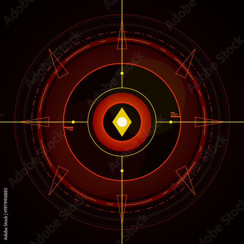 Futuristic cybernetic machine eye with red heads up display interface