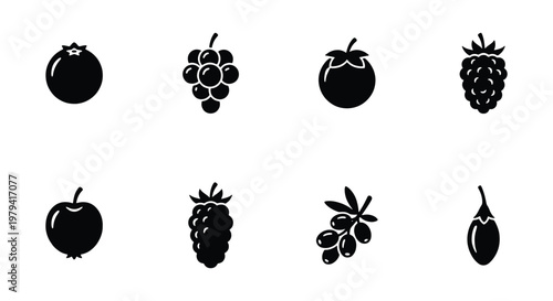 Minimalist fruit icon set with 8 black silhouettes, organic berry and grape vector symbols, flat food graphic elements for packaging design