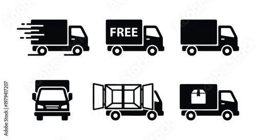 Delivery truck icon set, shipping van vector symbols, 6 logistics elements