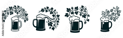 Minimalist Beer Mug with Hop Vine Foam Line Art, Craft Brewery Vector Illustration