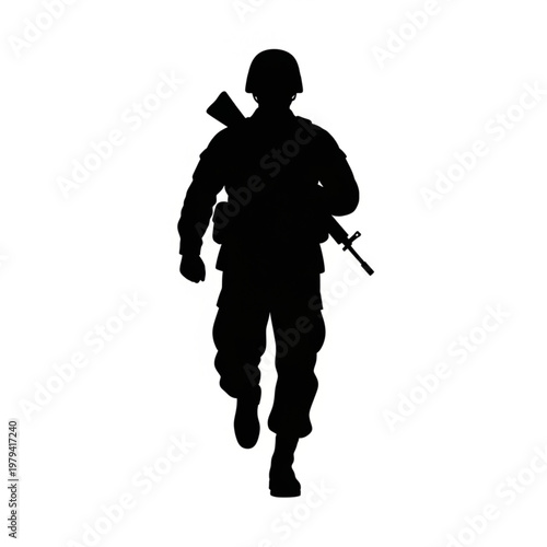 Silhouette of Soldier Running with Rifle.