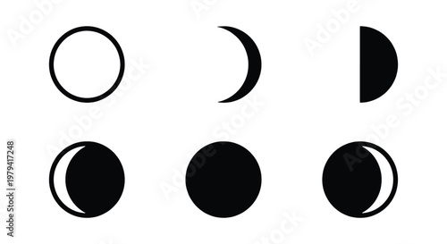 Minimalist moon phases icon set, black lunar cycle vector silhouettes