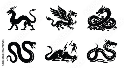 Mythical dragon silhouette set, 6 fantasy creature icons, black beast vectors