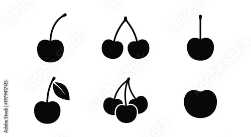 Minimalist cherry icon set, black silhouette fruit symbols, collection of 6 vector cherry illustrations for food branding and menu design