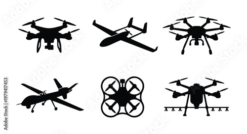 Modern drone silhouettes, 6 UAV vector icons, aerial technology set