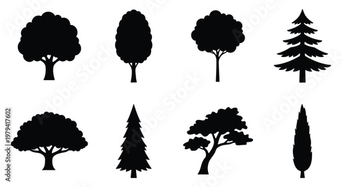 Black tree silhouettes, 8 forest plant icons, minimalist nature vector set