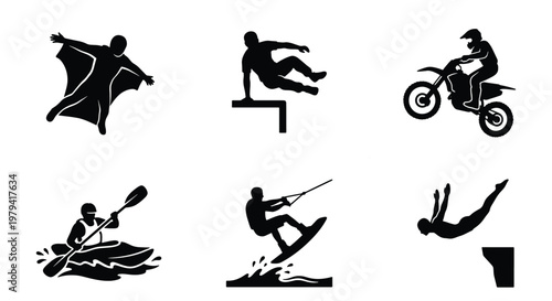 Extreme sports silhouettes, 6 action icons, outdoor adventure vector set