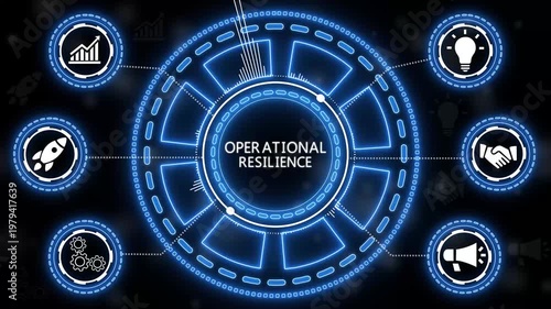 Operational resilience concept illustrated by glowing blue digital technology and icons.4k Animation.