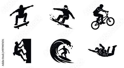 Extreme sports silhouettes, 6 action icons, skateboarding and surfing vectors