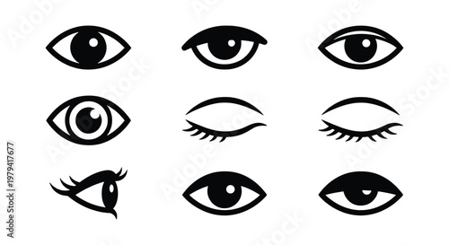 Minimalist human eye icon set, black vector eye symbols with eyelashes, collection of 9 vision and sight graphic elements for UI design