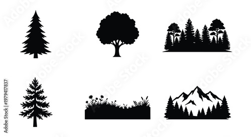 Black tree silhouettes and mountain landscape icons, set of 6 nature vector elements, pine forest and meadow grass shapes for outdoor logos