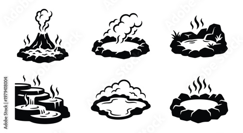 Black and white hot spring icons, volcanic geyser and thermal pool vector set, steaming mineral water and natural spa elements for travel maps