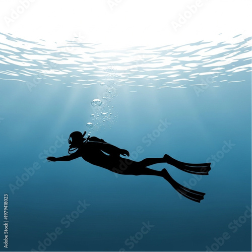 Woman Scuba Diving Underwater Silhouette Ocean.