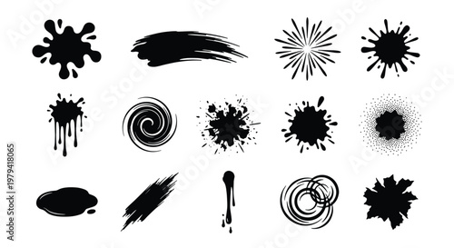 Black ink splatters and paint brush strokes, set of 15 grunge vector elements, liquid drip and spray splatter shapes for artistic design