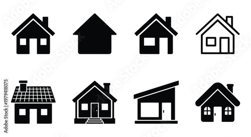Minimalist house icons, 8 black home vector symbols, real estate silhouette set