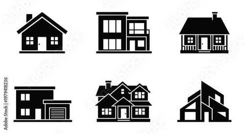 Modern house icon set, 6 black vector building silhouettes, residential real estate architecture symbols, minimalist home exterior design elements