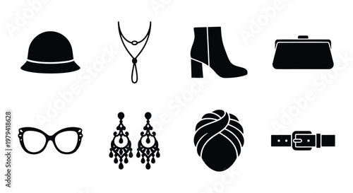 Fashion accessories icon set, black female clothing elements, 8 vector icons