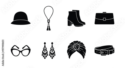 Vintage fashion accessories set, 8 black icons, elegant female apparel vectors