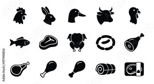 Butcher shop icons set, 15 meat and poultry vector symbols, farm animal signs