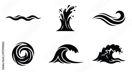Black water wave icons set, minimalist ocean splash and ripple vector elements, stylized sea surf and whirlpool graphics for logo design