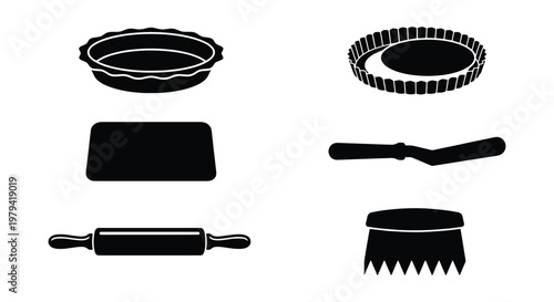 Baking tools silhouette set, pastry equipment icons, kitchen utensil vectors