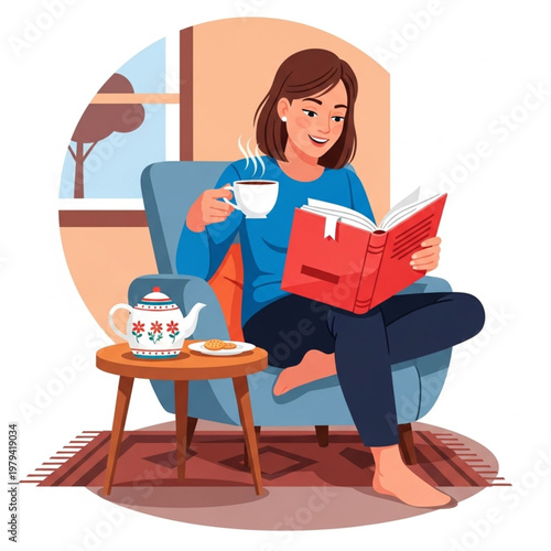 Woman Relaxing with Book and Coffee.