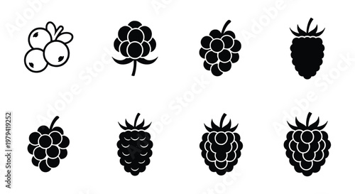 Minimalist berry icon set, black fruit silhouettes, 8 forest berry vectors