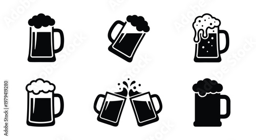 Beer mug icon set, black brewery glass symbols, 6 foaming ale vector elements
