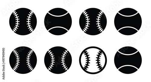 Baseball icons set, black softball vector silhouettes, 8 sports ball elements