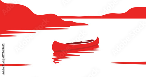 Red Canoe on Calm Water Surface.