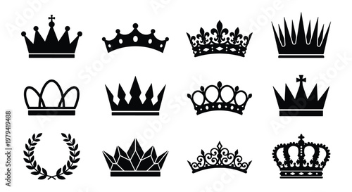 Royal crown icons set, black heraldic tiara silhouettes, 12 vector elements