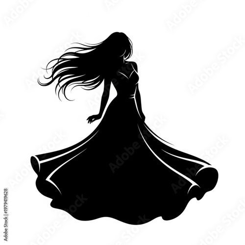 Silhouette of a Dancing Woman in Flowing Dress.