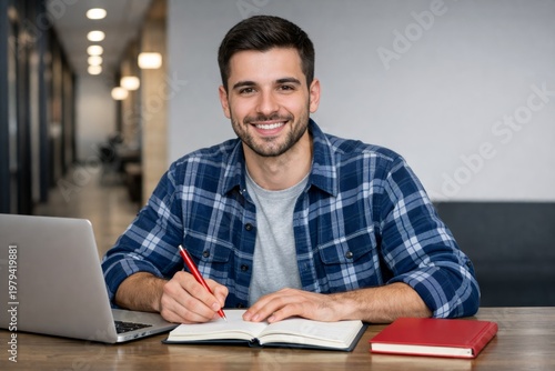 Smiling student man writing at desk in modern interior. Ai generative