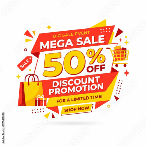 Vibrant mega sale vector graphic illustration with 50 percent discount promotion for limited time shopping event