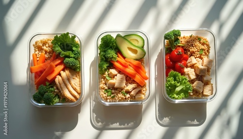 Three glass meal prep containers hold nutritious food. Chicken, grains, broccoli, carrots, avocado and tomatoes offer balanced meals. Healthy eating and diet planning.