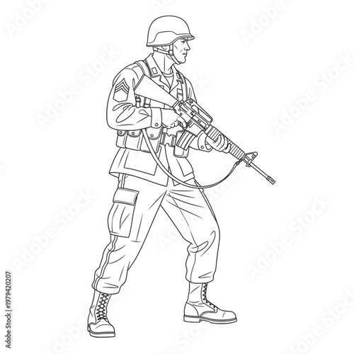 Soldier in Combat Gear Holding Rifle.