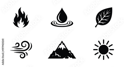 Natural elements icon set, 6 black vector symbols of fire water earth and air