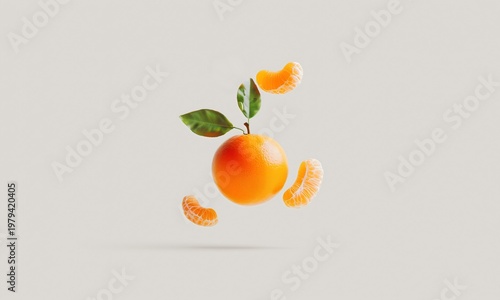 Floating whole satsuma with leaf and peeled segment on grey
