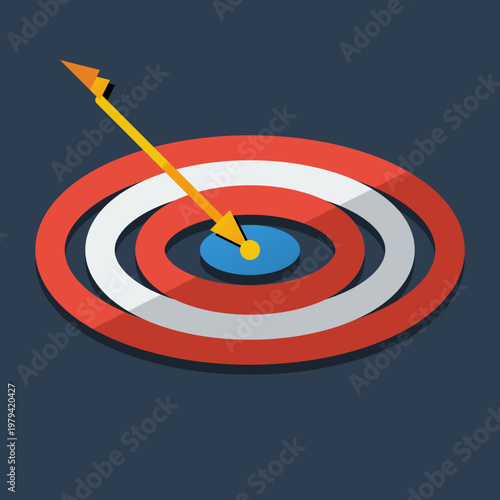 Isometric bullseye target with yellow arrow hitting the blue center