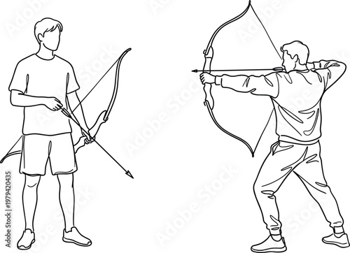 Archery practice with two men holding bows aiming arrows focused sports activity detailed line art illustration