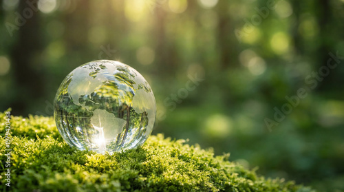 Glass Earth Globe on Moss in Forest with Sunlight. Eco Friendly Nature Background with Copy Space