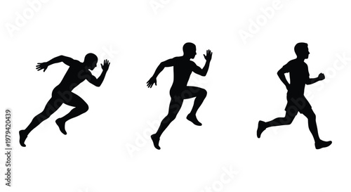 Running man silhouettes, athlete sprinting set, black jogging vector icons