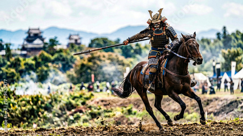 Mounted Samurai Warrior with Spear at Historical Festival, Castle Background