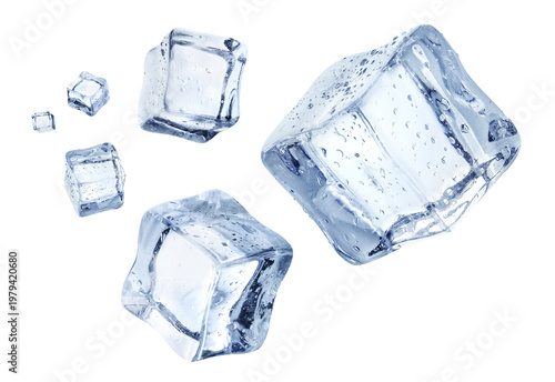 Floating ice cubes with water droplets, isolated on cutout transparent background