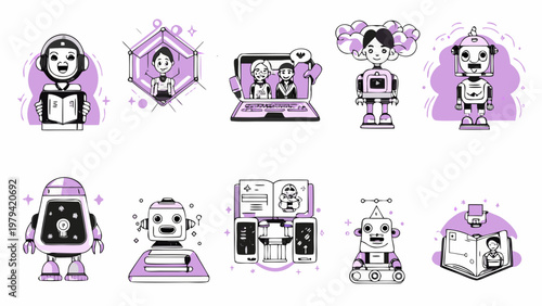 Illustrations of robots interacting with technology and education concepts